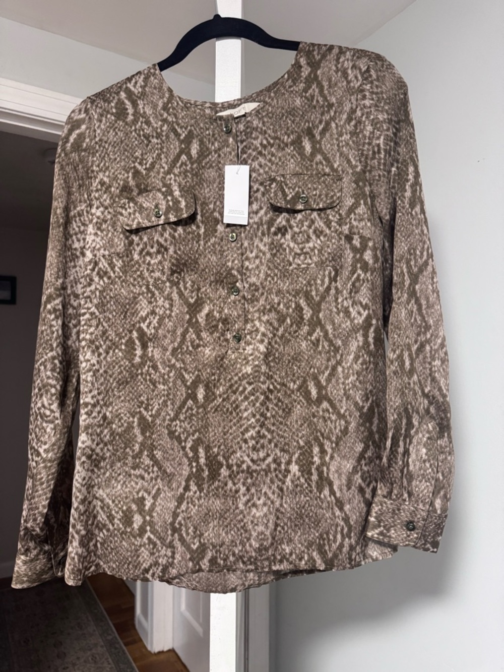 LOFT is Brown Neutral Snake-Print Button Front Blouse